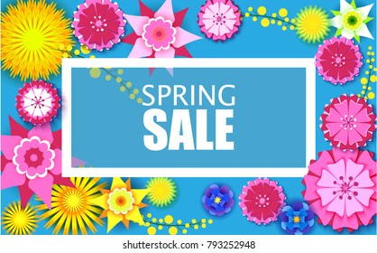 spring background of bright stylized flowers in style cut paper with an inscription sping sale