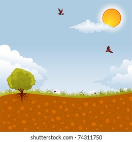 Spring background with bush, sun and bird, element for design, vector illustration