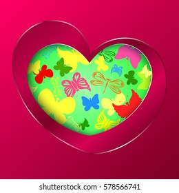 Spring background with butterflies and dragonflies on the backside of heart cutting vector illustration