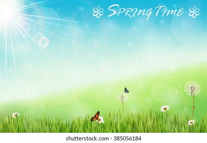 Spring background with butterflies and dragonfly in meadow.Vector