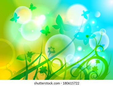 Spring background with butterflies, flowers and bokeh lights. Eps10.