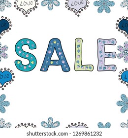 Spring background. Card for saling. Vector illustration. Sale banner template with elements on colorful background. Promotion offer with decoration on white, blue and black colors. Seamless.