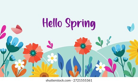 Frühling Hintergrund. Cartoon Vektorgrafik-Design für Poster, Banner, Flyer, Gruß, Karte, Abdeckung, Post, Promotion. schöne und bunte Pflanzen, Blätter und Blumen.