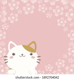 Spring background with a cat and cherry blossoms. Square banner element. 