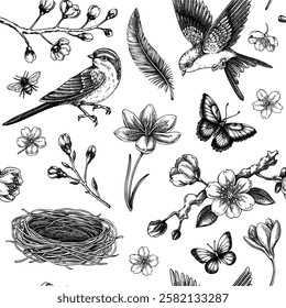 Spring background. Cherry blossom seamless pattern. Flying birds, sakura flower sketch illustration. NOT AI generated