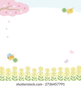 A spring background with cherry blossoms, rapeseed flowers, bees, and a blue sky, vector illustration, square size