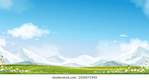 Frühlingshintergrund mit klarem Himmelblau , Wolke, Grasfeld, Blume auf Hügel und Waldbaum im Dorf, Vektor-Cartoon-Sommerlandschaft friedliche ländliche Natur im Park, Panorama-Banner für Ostern