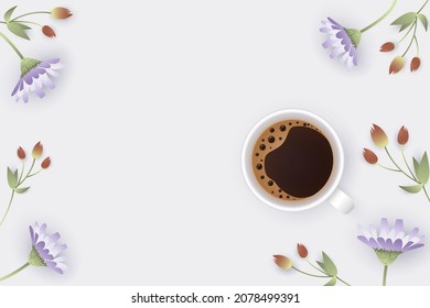 Spring background with coffee mug and flowers,  flat lay