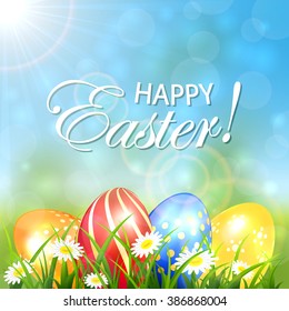 Spring background with colored Easter eggs in grass with flowers, illustration.