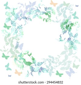 Spring background, Colorful butterflies set wreath with green mint leaves, watercolor. Round banner for text. spring summer card design on white background. Vector
