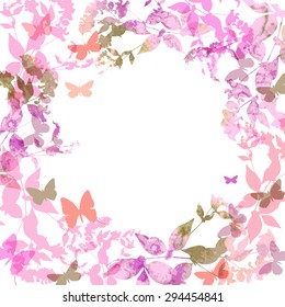 Spring background, Colorful butterflies set wreath with pink lilac leaves, watercolor. Round banner for text. spring summer card design on white background. Vector