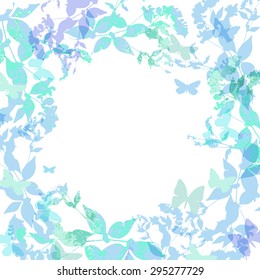 Spring background, Colorful butterflies set wreath with green mint leaves, watercolor. Round banner for text. spring summer card design on white background. Vector