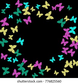 Spring Background with Colorful Butterflies. Simple Feminine Pattern for Card, Invitation, Print. Trendy Decoration with Beautiful Butterfly Silhouettes. Vector Frame