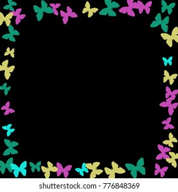 Spring Background with Colorful Butterflies. Simple Gentle Pattern for Card, Invitation, Print. Trendy Decoration with Beautiful Butterfly Silhouettes. Vector Frame