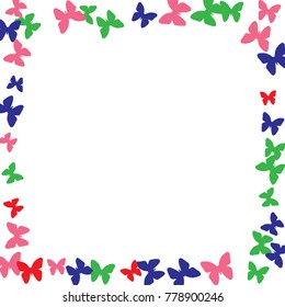 Spring Background with Colorful Butterflies. Simple Pretty Pattern for Card, Invitation, Print. Trendy Decoration with Beautiful Butterfly Silhouettes. Vector Frame