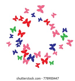 Spring Background with Colorful Butterflies. Simple Delicate Pattern for Card, Invitation, Print. Trendy Decoration with Beautiful Butterfly Silhouettes. Vector Frame with Moth