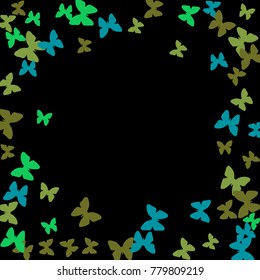 Spring Background with Colorful Butterflies. Simple Pretty Pattern for Card, Invitation, Print. Trendy Decoration with Beautiful Butterfly Silhouettes. Vector Frame