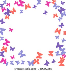 Spring Background with Colorful Butterflies. Simple Feminine Pattern for Card, Invitation, Print. Trendy Decoration with Beautiful Butterfly Silhouettes. Vector Frame