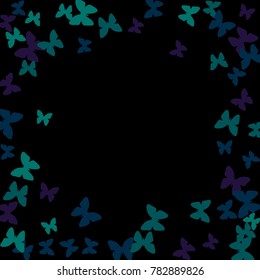 Spring Background with Colorful Butterflies. Simple Cute Pattern for Card, Invitation, Print. Trendy Decoration with Beautiful Butterfly Silhouettes. Vector Frame