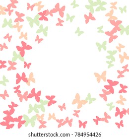 Spring Background with Colorful Butterflies. Simple Feminine Pattern for Card, Invitation, Print. Trendy Decoration with Beautiful Butterfly Silhouettes. Vector Frame