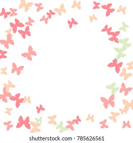 Spring Background with Colorful Butterflies. Simple Pretty Pattern for Card, Invitation, Print. Trendy Decoration with Beautiful Butterfly Silhouettes. Vector Frame