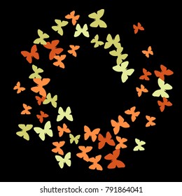 Spring Background with Colorful Butterflies. Simple Gentle Pattern for Card, Invitation, Print. Trendy Decoration with Beautiful Butterfly Silhouettes. Vector Frame