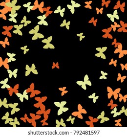 Spring Background with Colorful Butterflies. Simple Cute Pattern for Card, Invitation, Print. Trendy Decoration with Beautiful Butterfly Silhouettes. Vector Frame with Moth