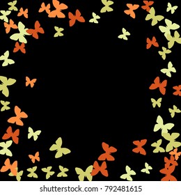 Spring Background with Colorful Butterflies. Simple Pretty Pattern for Card, Invitation, Print. Trendy Decoration with Beautiful Butterfly Silhouettes. Vector Frame