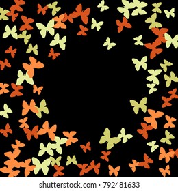 Spring Background with Colorful Butterflies. Simple Cute Pattern for Card, Invitation, Print. Trendy Decoration with Beautiful Butterfly Silhouettes. Vector Frame