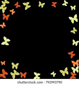 Spring Background with Colorful Butterflies. Simple Pretty Pattern for Card, Invitation, Print. Trendy Decoration with Beautiful Butterfly Silhouettes. Vector Frame