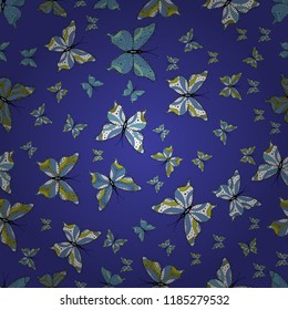 Spring Background with Colorful Butterflies. Vector Background on violet, blue, white colors. Cute Feminine Pattern for Card, Invitation, Print. Trendy Decoration with Beautiful Butterfly Silhouettes.