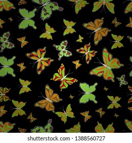 Spring Background with Colorful Butterflies. Vector Background on yellow, black, green colors. Trendy Decoration with Beautiful Butterfly Silhouettes. Cute Feminine Pattern for Card, Invitation, Print