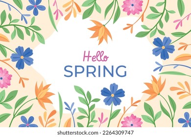 Spring background of colorful flowers and plants with greeting