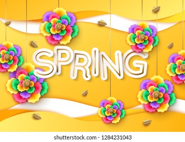 Spring  background with colorful paper cut flowers. Vector illustration