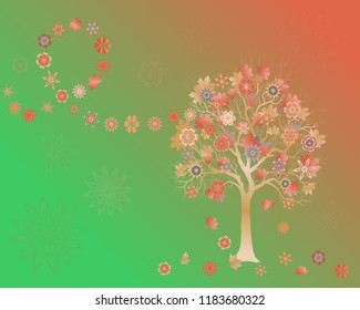 Spring background with colorful tree with abstract flowers and leaves on wind.  Elegant design with copy space. Editable, can be used on brochures, posters etc. Vector and raster format available.