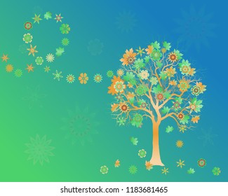 Spring background with colorful tree with abstract flowers and leaves on wind.  Elegant design with copy space. Editable, can be used on brochures, posters etc. Vector and raster format available.