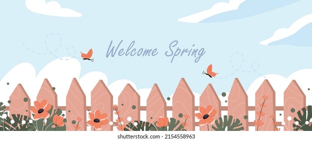 Spring Background Concept. Poster Or Banner For Site, Butterflies Fly Next To Fence. Holidays And Rest, Seasons And Calendar Changes. Love For Nature And Agriculture. Cartoon Flat Vector Illustration