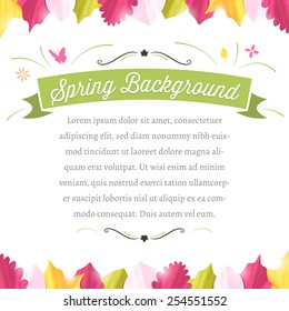 Spring background with copy space in the middle and colorful leaves at the top and bottom. The fonts are called "Thirsty Script" and "Alegreya".