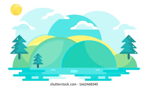 Spring background with copy space. Outdoor Horizontal Editable vector illustration for web background, banner template. Flat concept of Nature: meadow with green grass, trees, lake, and blue sky.