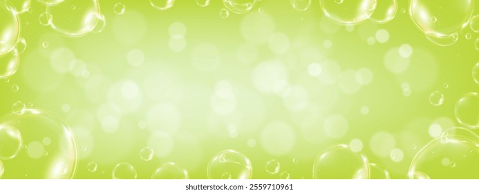 Spring Background with copy space for Text or Product design banner,Vector 3d Bubbles soap foam with soft abstract bokeh green light color background,Beautiful Fresh Summer blurry morning sunlight