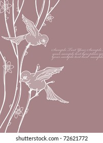   spring background with a couple of hand drawn birds and a blooming tree