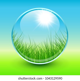 Spring background, crystal sphere with green grass inside, vector illustration.