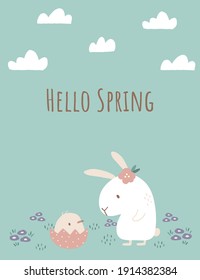 Spring background with cute bunny and chick. Hand drawn bunny, chick, flowers, and clouds. For greeting card, poster, flyer, web banner, wallpaper, etc.