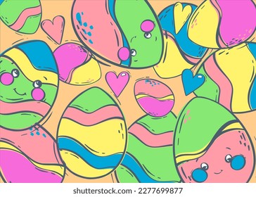 Spring background with cute colored eggs for Easter holiday. Decorated eggs with faces and a smile for the spring holiday. Flat illustration for concept design. Background for a greeting card.