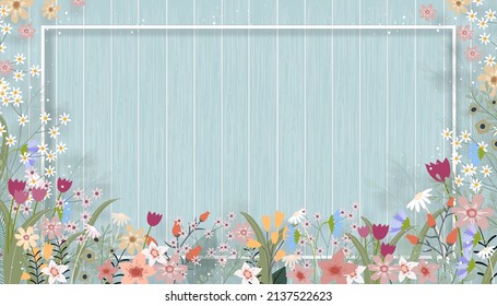 Spring background with cute flower border on wooden wall background, Vector illustration horizontal backdrop of Summer flora frame on wood panel textured,Holiday banner for Mother day,Easter card