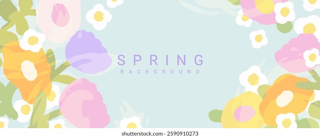 Spring background with cute hand drawn flowers for card, banner, poster. Vector floral template for decoration and greetings for Easter, Mother's Day, birthday