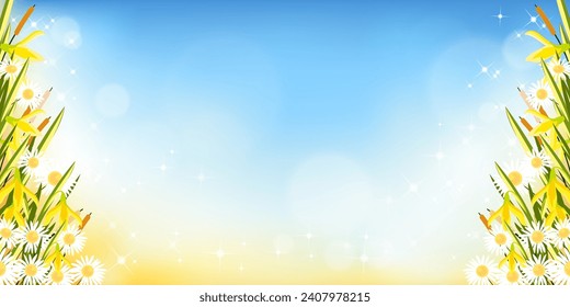 Spring Background with Daffodils and Daisy Flower on Blurry Boken Morning Light on Blue Sky,Beautiful Spring Flower blooming on frame border with copy space for text,Vector Banner Mother Day or Easter