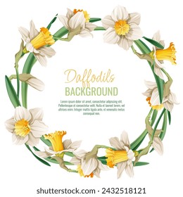 Spring background with daffodils. Postcard, banner for Easter. Spring time. Frame with delicate spring flowers.