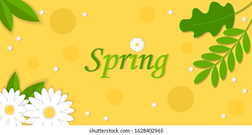 Spring background with daisies, leaves and pearls in origami style. Colorful paper cut shapes. Beautiful chamomiles. Vector illustration. Abstract 3D background. Design for cards, brochures, banners.