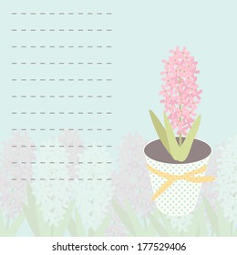 Spring background. Delicate pink flowers on a green background. Hyacinth in a pot.  Can be used for greeting and wedding cards, gifts, postcards, invitations.